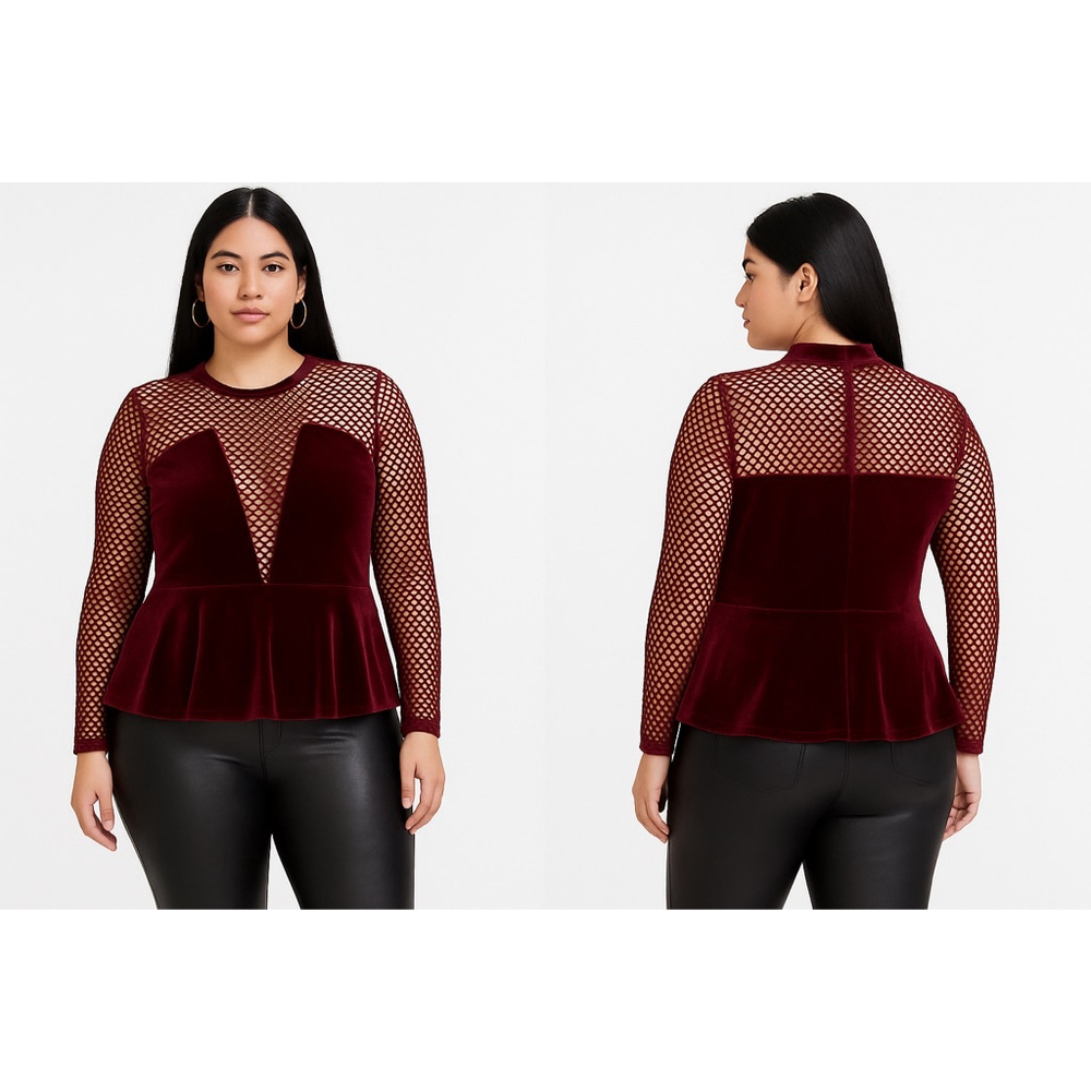 Charlotte Russe Burgundy Velvet Mesh Peplum Blouse Large
